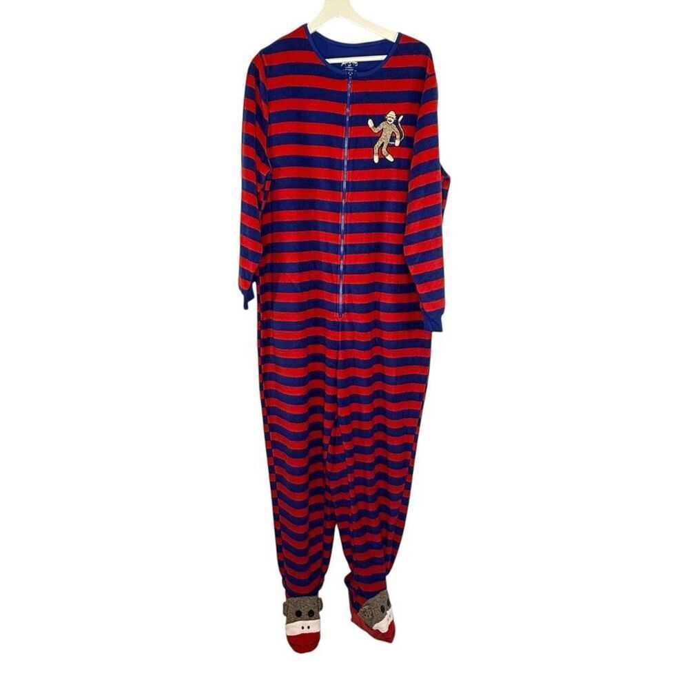 Nick & Nora Sock Monkey Striped Blue Red Zip Up Fleece Jumpsuit Pajamas - US Wom